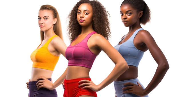 Multiracial female model with trendy sports wear in isolated whi